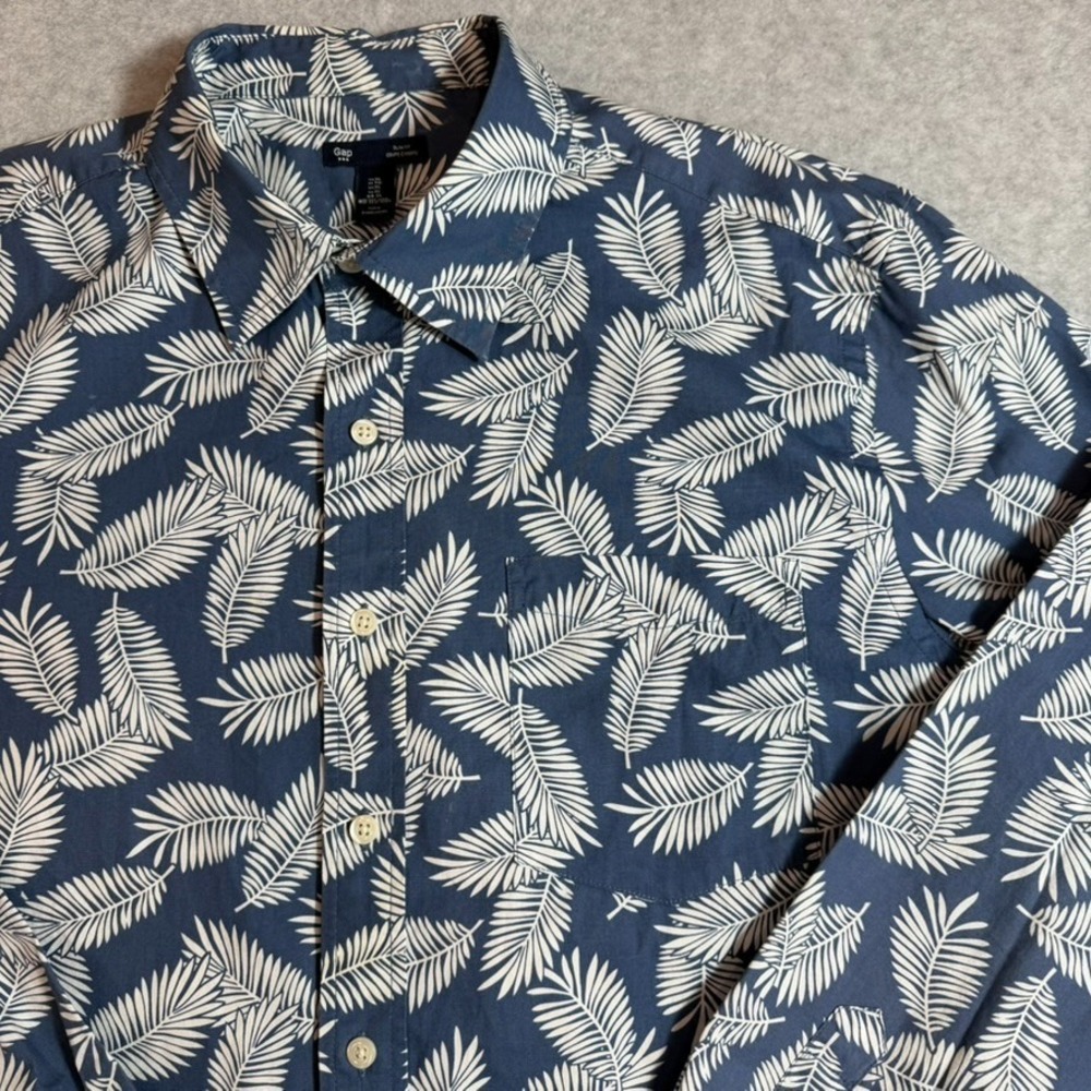 Gap Button Up Shirt Mens XL Blue Floral Leaf Print Slim Fit Long Sleeve - Picture 4 of 11
